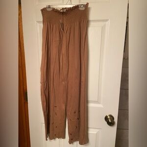 White Rice Elastic Waist Pants S | Nutmeg Brown Embroidered Hem | NWT Wide Leg